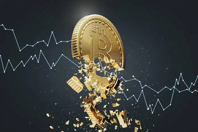 Gold bitcoin falling apart. A graph is crashing it. Concept of a cryptocurrency market crisis. A black background. A side vie