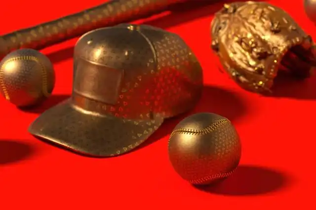 a baseball bat, helmet, and ball on a red background