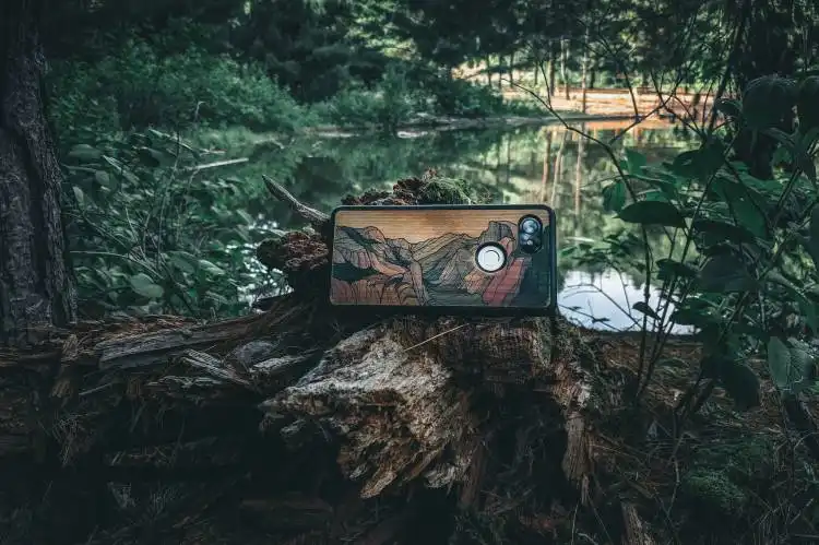 black and brown camera on brown tree log
