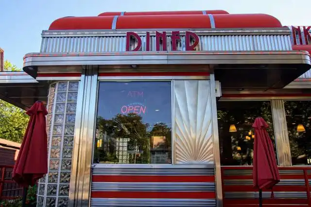red and white store front