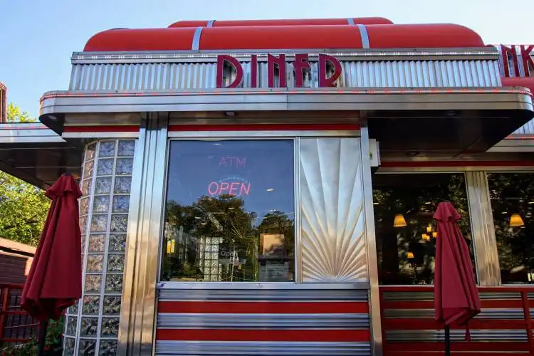 red and white store front