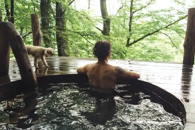 relaxed young holidaymaker is taking pleasure in bathing and wonderful scenery. back view photo.rest from work and household