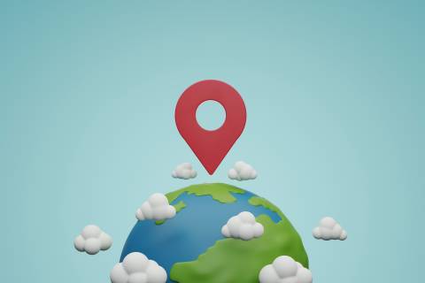 Big red pin on planet earth and clouds on blue background. Location pinpoints symbol traveling to places in the world with GP