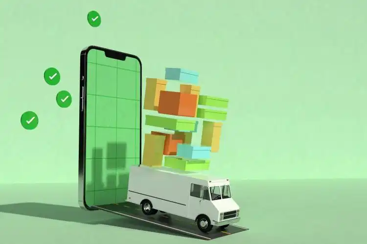 a mobile phone with a delivery truck in front of it